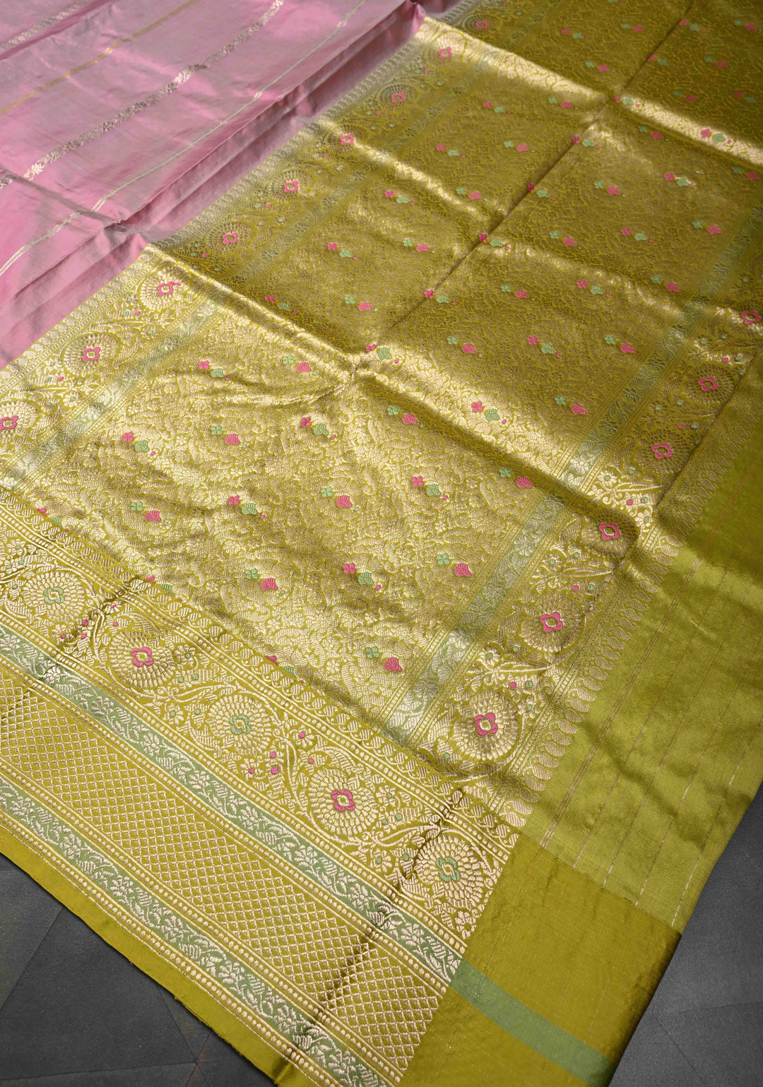 Cadillac Pink Banarasi Pure Katan Silk Saree with Zari vertical stripes and Meenakari Contrast border, Pallu  | SILK MARK CERTIFIED