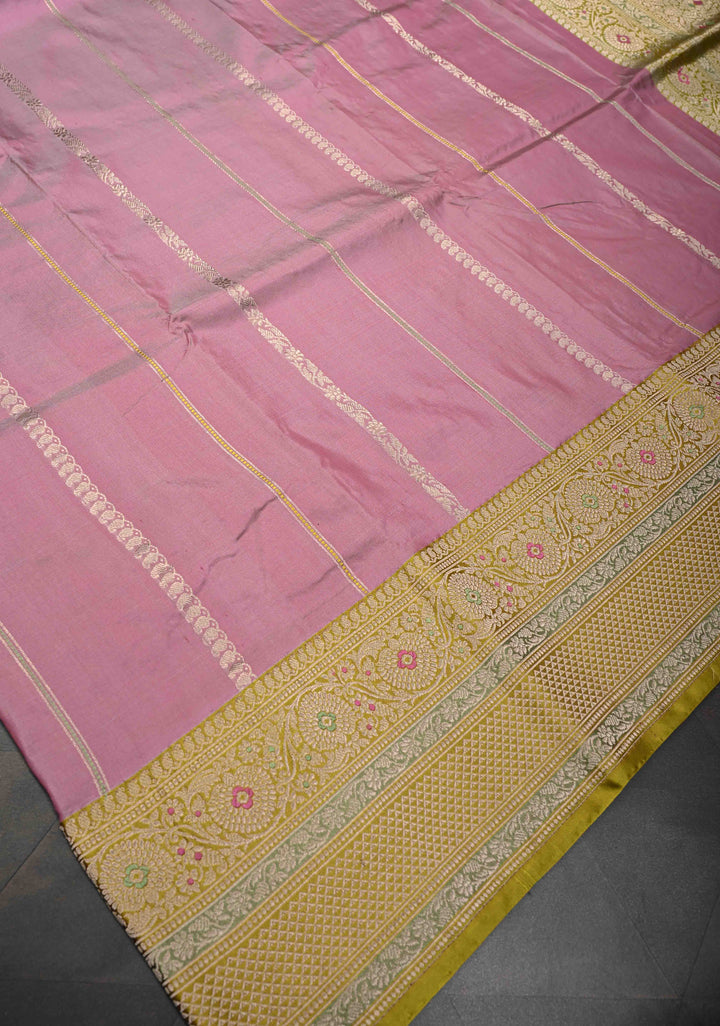 Cadillac Pink Banarasi Pure Katan Silk Saree with Zari vertical stripes and Meenakari Contrast border, Pallu  | SILK MARK CERTIFIED