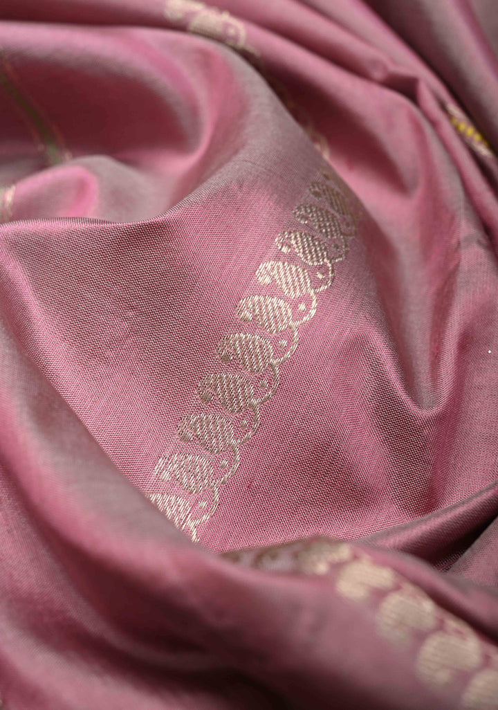 Cadillac Pink Banarasi Pure Katan Silk Saree with Zari vertical stripes and Meenakari Contrast border, Pallu  | SILK MARK CERTIFIED