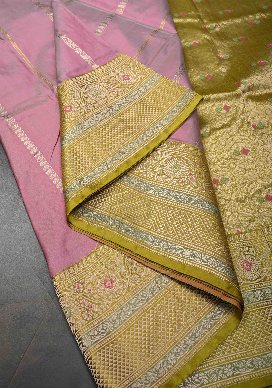 Cadillac Pink Banarasi Pure Katan Silk Saree with Zari vertical stripes and Meenakari Contrast border, Pallu  | SILK MARK CERTIFIED