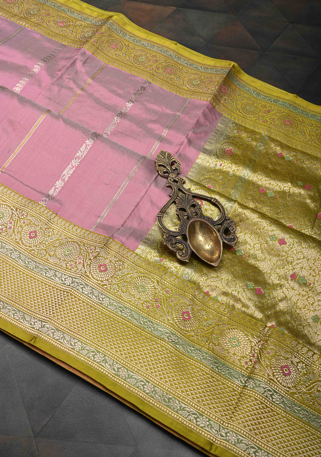 Cadillac Pink Banarasi Pure Katan Silk Saree with Zari vertical stripes and Meenakari Contrast border, Pallu  | SILK MARK CERTIFIED