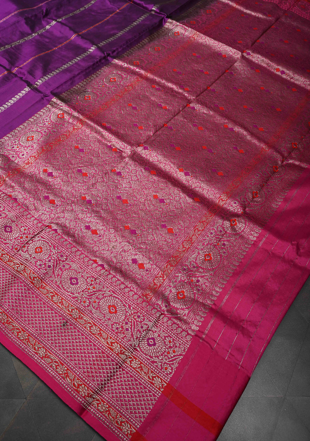 Purple Banarasi Pure Katan Silk Saree with Meenakari  Vertical Zari Stripes, Border and Pallu | SILK MARK CERTIFIED