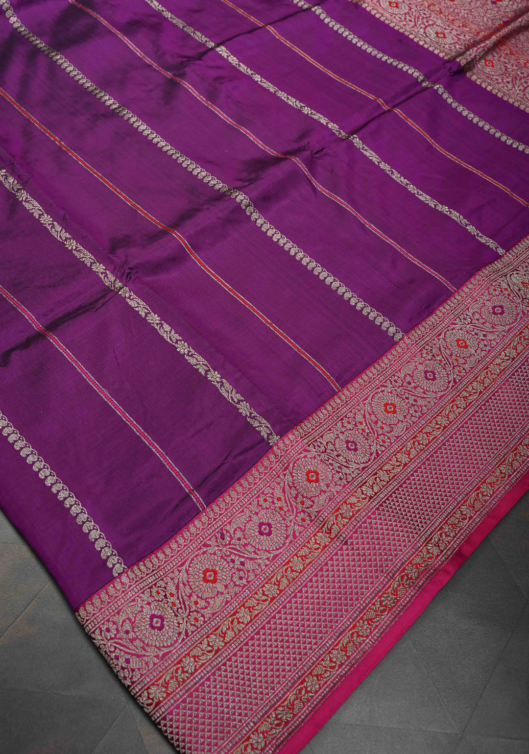 Purple Banarasi Pure Katan Silk Saree with Meenakari  Vertical Zari Stripes, Border and Pallu | SILK MARK CERTIFIED