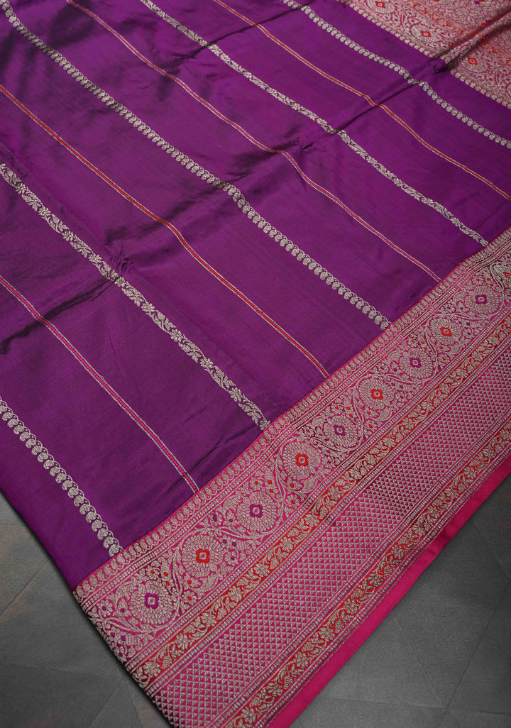 Purple Banarasi Pure Katan Silk Saree with Meenakari  Vertical Zari Stripes, Border and Pallu | SILK MARK CERTIFIED