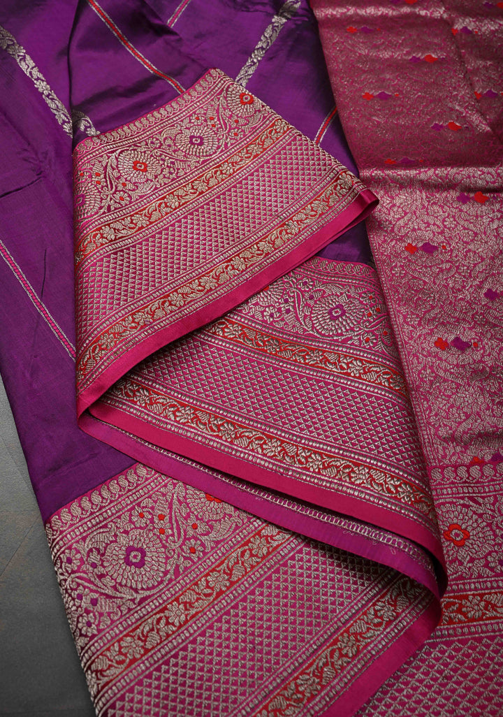Purple Banarasi Pure Katan Silk Saree with Meenakari  Vertical Zari Stripes, Border and Pallu | SILK MARK CERTIFIED