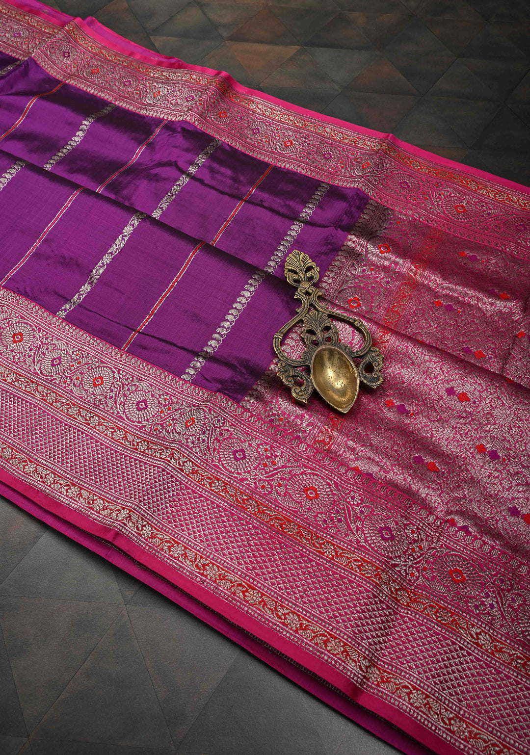 Purple Banarasi Pure Katan Silk Saree with Meenakari  Vertical Zari Stripes, Border and Pallu | SILK MARK CERTIFIED