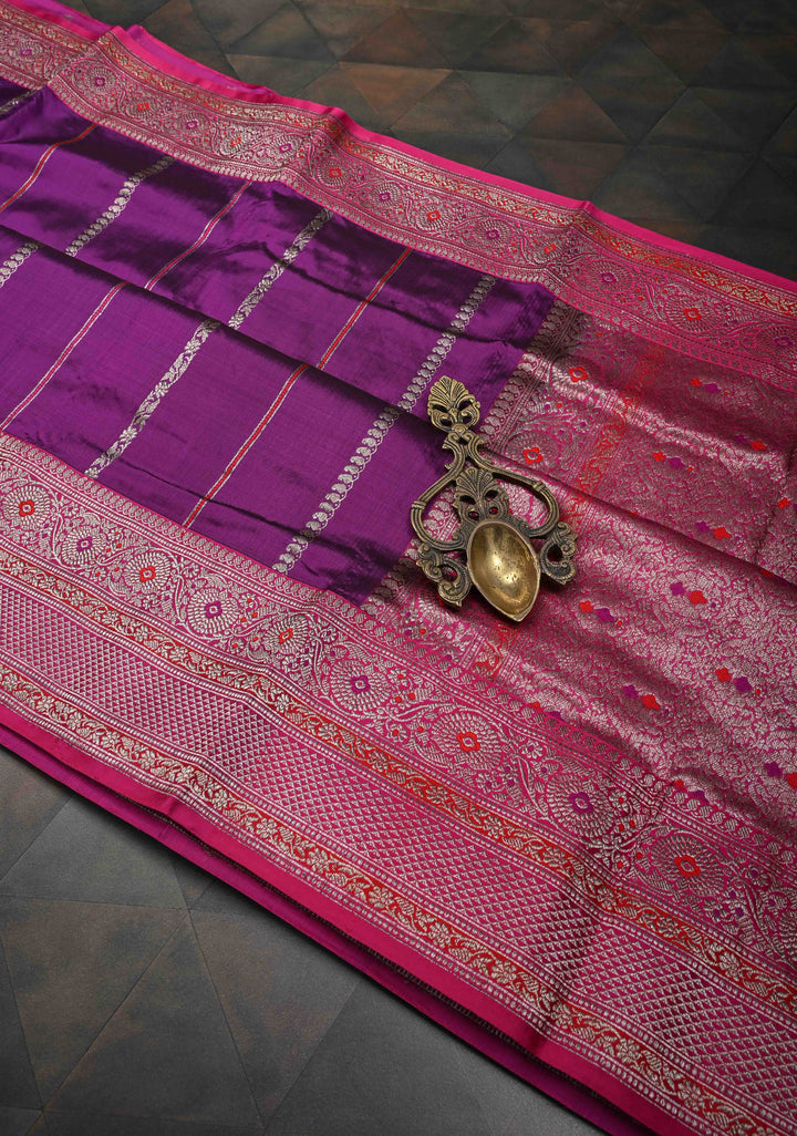 Purple Banarasi Pure Katan Silk Saree with Meenakari  Vertical Zari Stripes, Border and Pallu | SILK MARK CERTIFIED