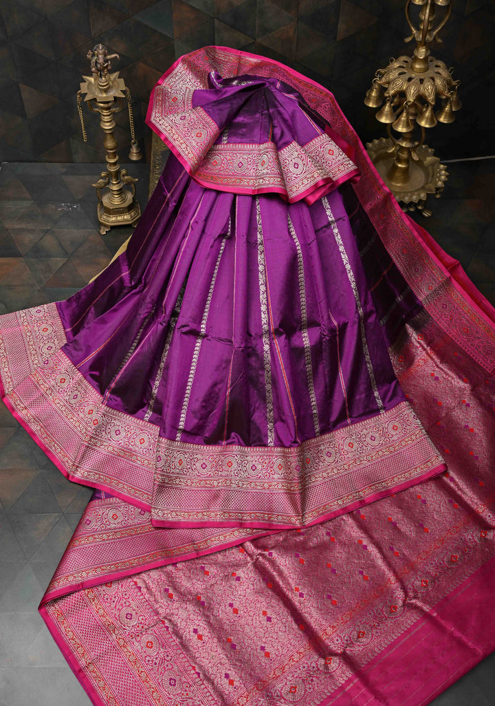 Purple Banarasi Pure Katan Silk Saree with Meenakari  Vertical Zari Stripes, Border and Pallu | SILK MARK CERTIFIED