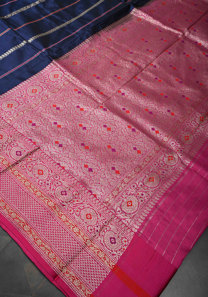 Navy Blue Banarasi Pure Katan Silk Saree with Zari Stripes, Meenakari border and pallu  | SILK MARK CERTIFIED