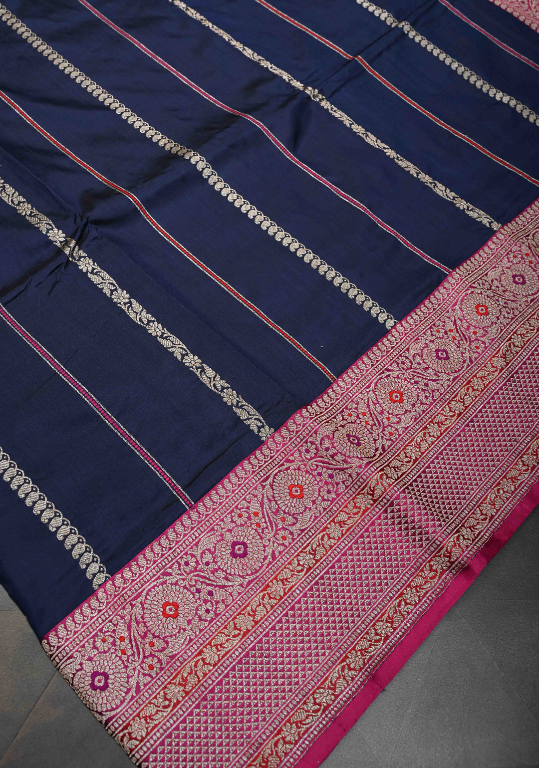 Navy Blue Banarasi Pure Katan Silk Saree with Zari Stripes, Meenakari border and pallu  | SILK MARK CERTIFIED