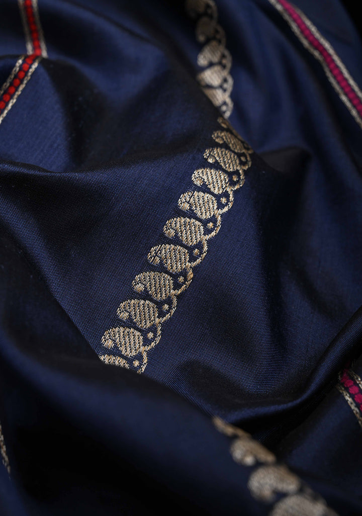 Navy Blue Banarasi Pure Katan Silk Saree with Zari Stripes, Meenakari border and pallu  | SILK MARK CERTIFIED