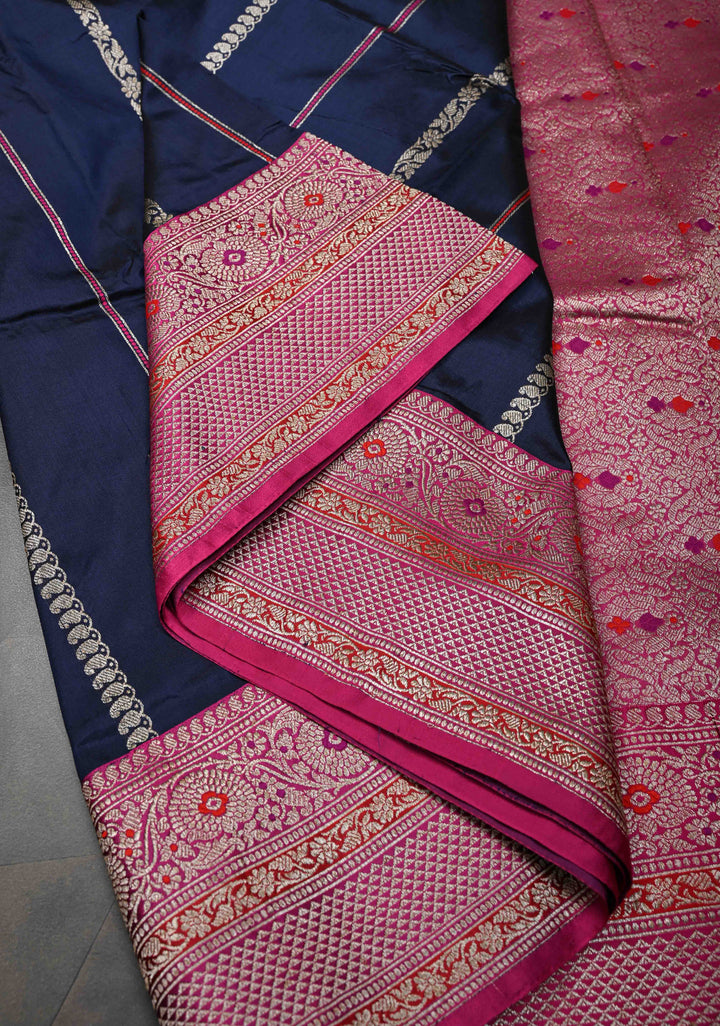 Navy Blue Banarasi Pure Katan Silk Saree with Zari Stripes, Meenakari border and pallu  | SILK MARK CERTIFIED