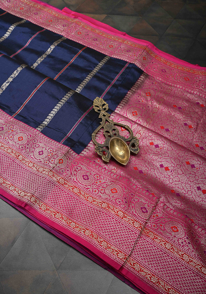 Navy Blue Banarasi Pure Katan Silk Saree with Zari Stripes, Meenakari border and pallu  | SILK MARK CERTIFIED