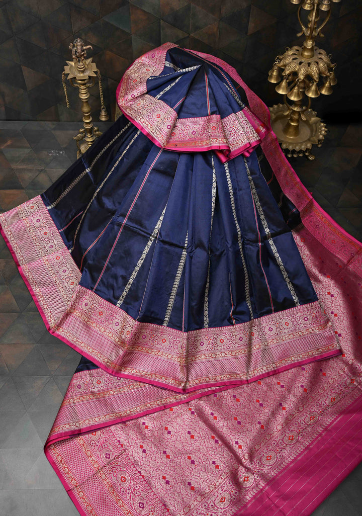 Navy Blue Banarasi Pure Katan Silk Saree with Zari Stripes, Meenakari border and pallu  | SILK MARK CERTIFIED