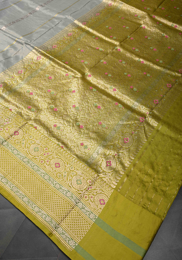 Gray Banarasi Pure Katan Silk Saree with Zari vertical stripes and Meenakari Contrast border  | SILK MARK CERTIFIED