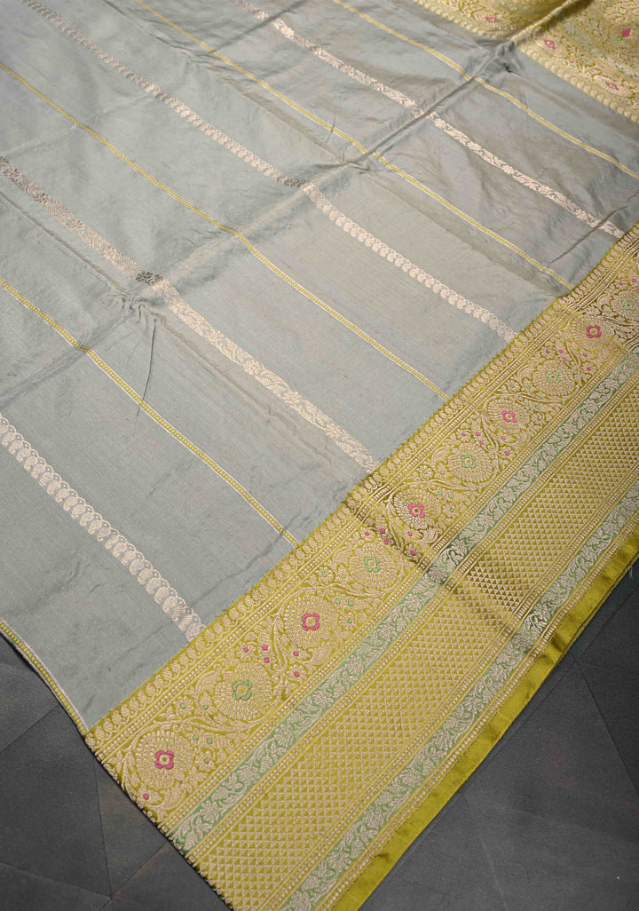 Gray Banarasi Pure Katan Silk Saree with Zari vertical stripes and Meenakari Contrast border  | SILK MARK CERTIFIED