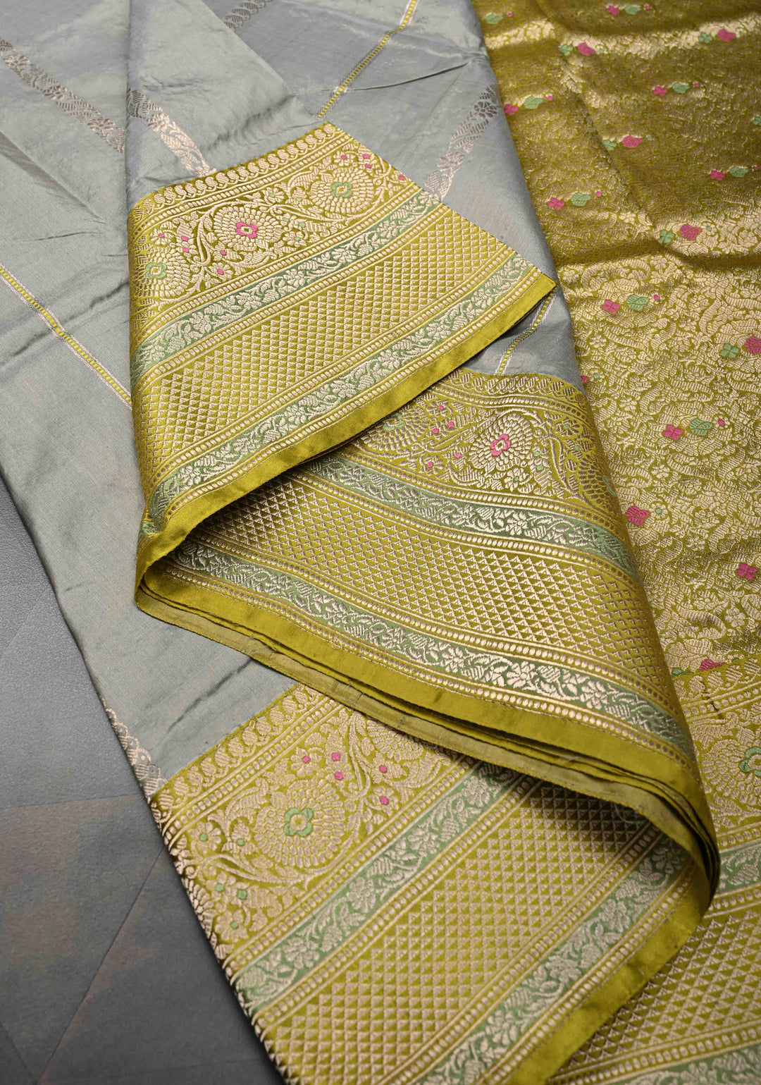 Gray Banarasi Pure Katan Silk Saree with Zari vertical stripes and Meenakari Contrast border  | SILK MARK CERTIFIED
