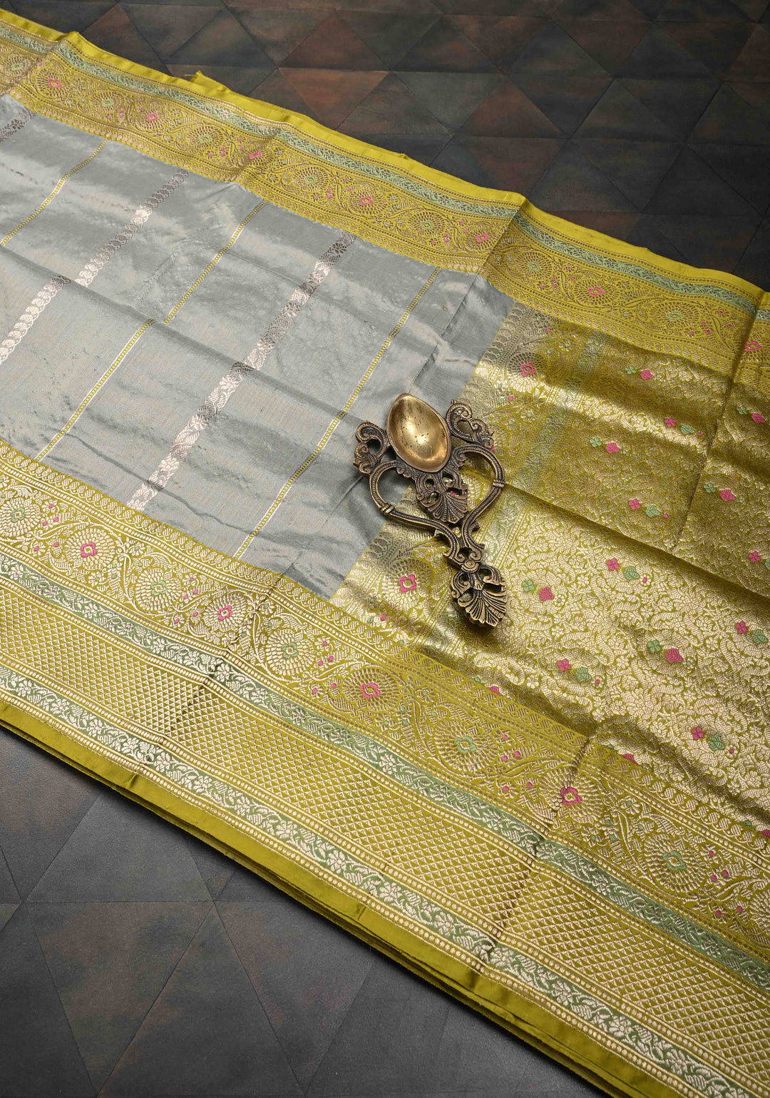Gray Banarasi Pure Katan Silk Saree with Zari vertical stripes and Meenakari Contrast border  | SILK MARK CERTIFIED