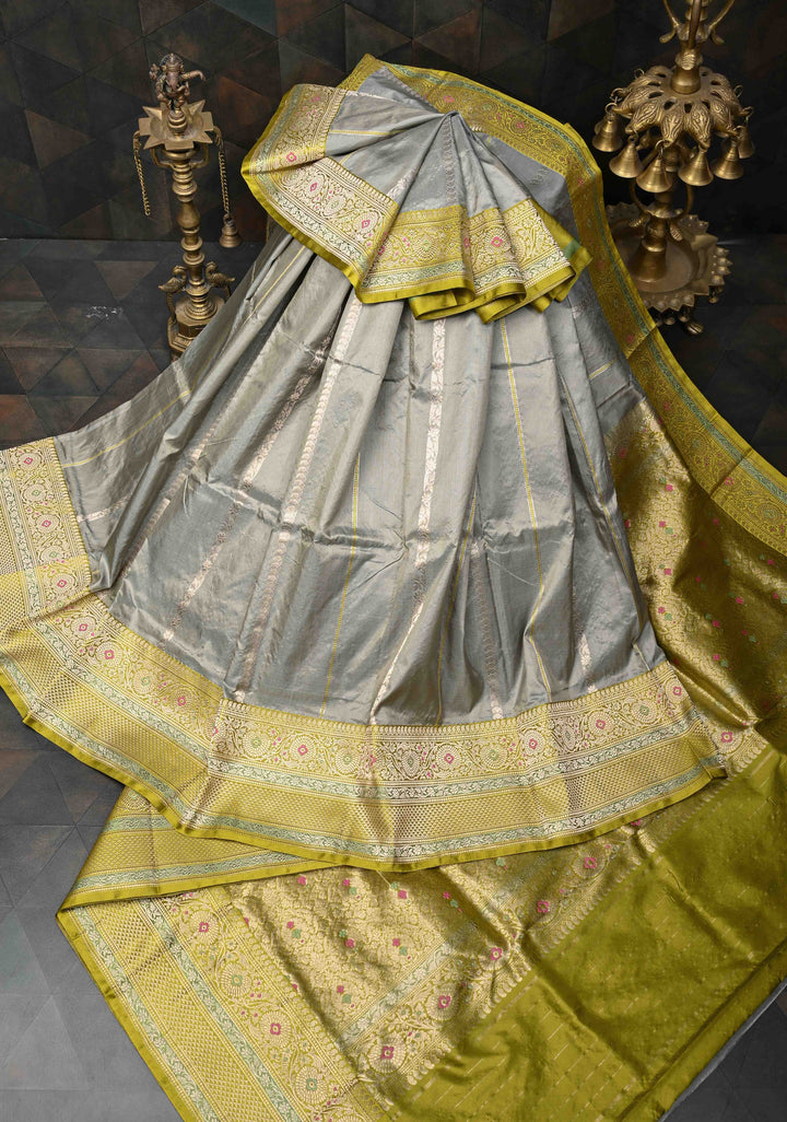 Gray Banarasi Pure Katan Silk Saree with Zari vertical stripes and Meenakari Contrast border  | SILK MARK CERTIFIED