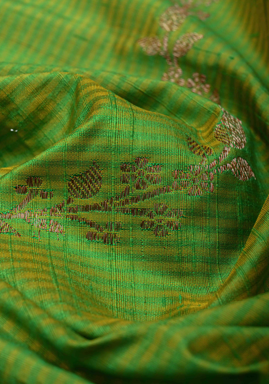 Green -Yellow Dual Tone Dupion Banarasi Pure Silk Saree with Jungla Leheria Jaal Pattern and Antique Zari Borders | SILK MARK CERTIFIED