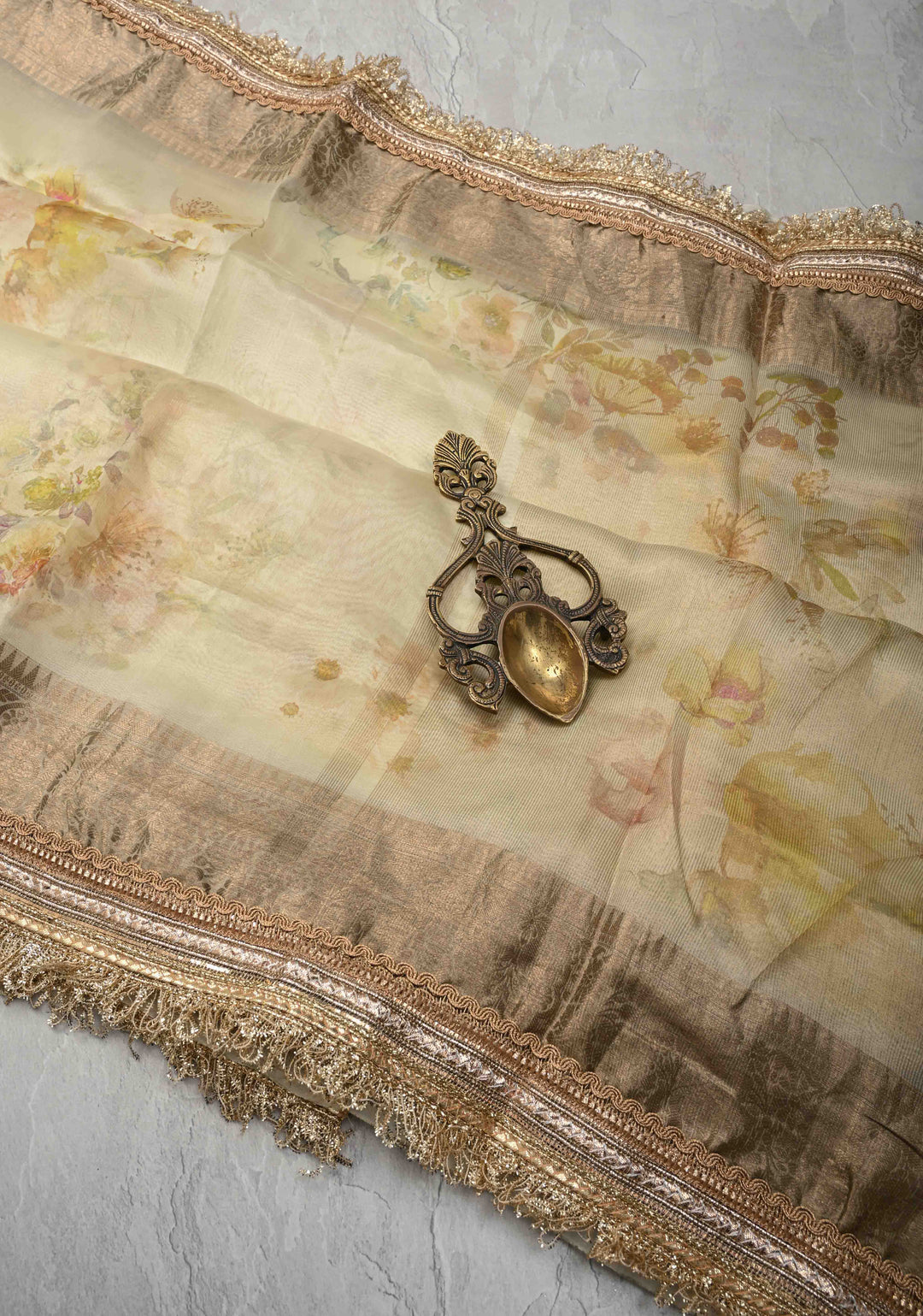 Cream Pure Organza Silk Saree with Floral Digital Print and Lace Trim Border | SILK MARK CERTIFIED