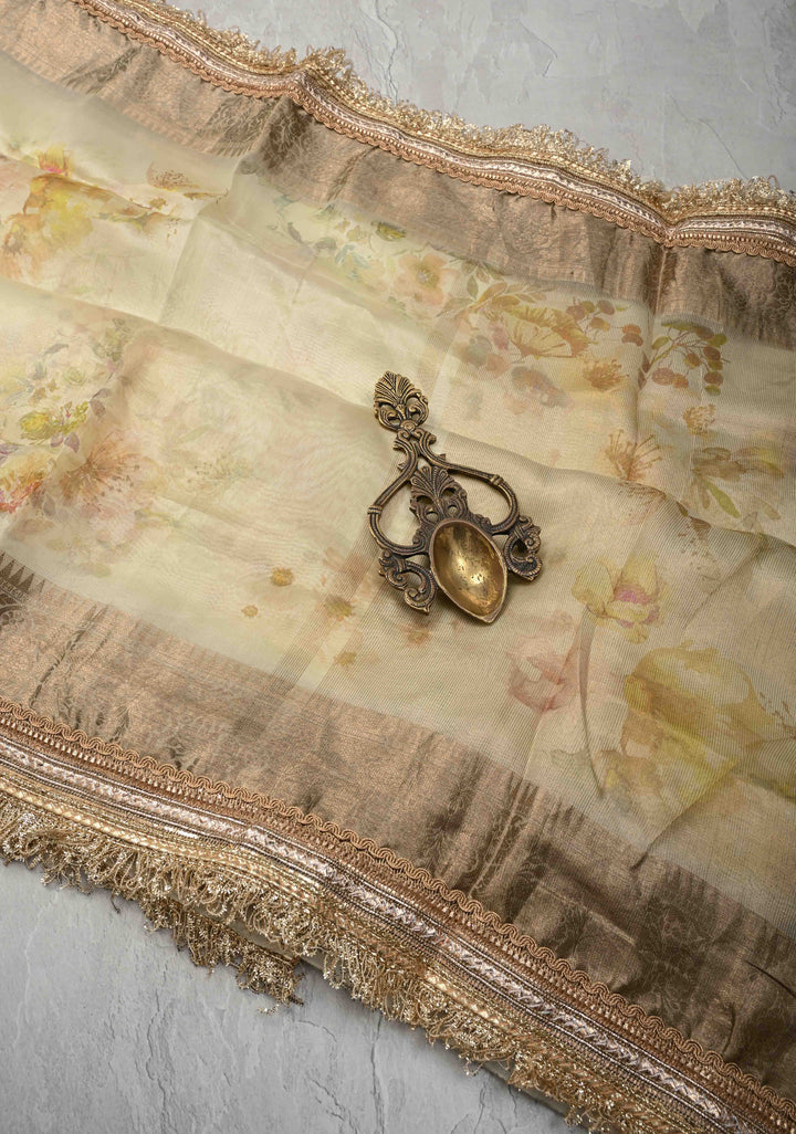 Cream Pure Organza Silk Saree with Floral Digital Print and Lace Trim Border | SILK MARK CERTIFIED
