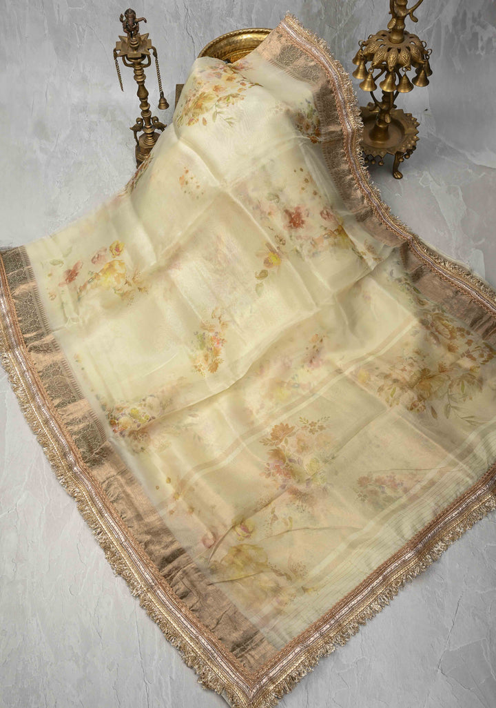Cream Pure Organza Silk Saree with Floral Digital Print and Lace Trim Border | SILK MARK CERTIFIED