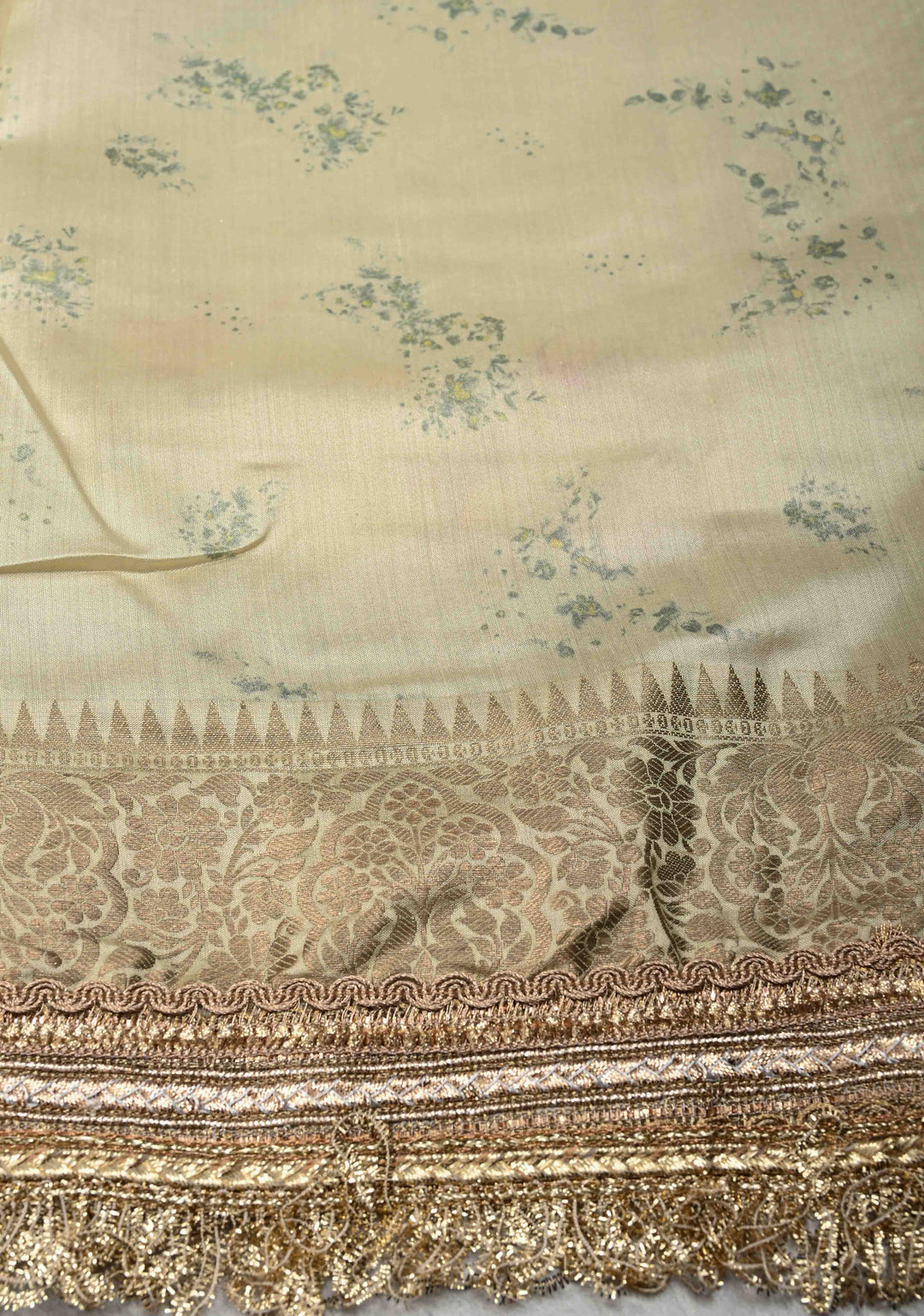 Cream Pure Organza Silk Saree with Floral Digital Print and Lace Trim Border | SILK MARK CERTIFIED