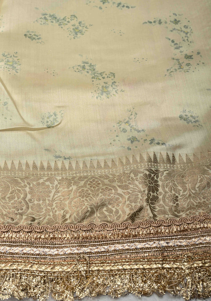 Cream Pure Organza Silk Saree with Floral Digital Print and Lace Trim Border | SILK MARK CERTIFIED