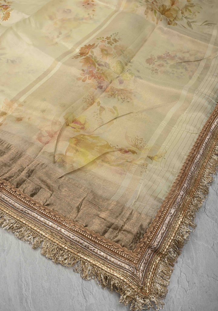 Cream Pure Organza Silk Saree with Floral Digital Print and Lace Trim Border | SILK MARK CERTIFIED