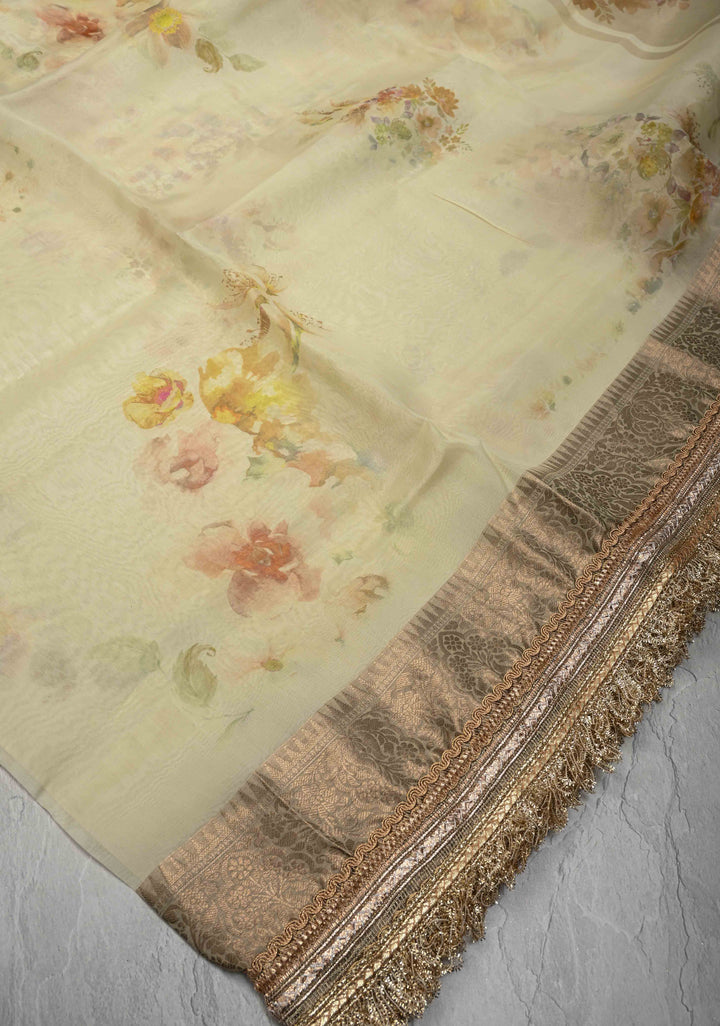 Cream Pure Organza Silk Saree with Floral Digital Print and Lace Trim Border | SILK MARK CERTIFIED