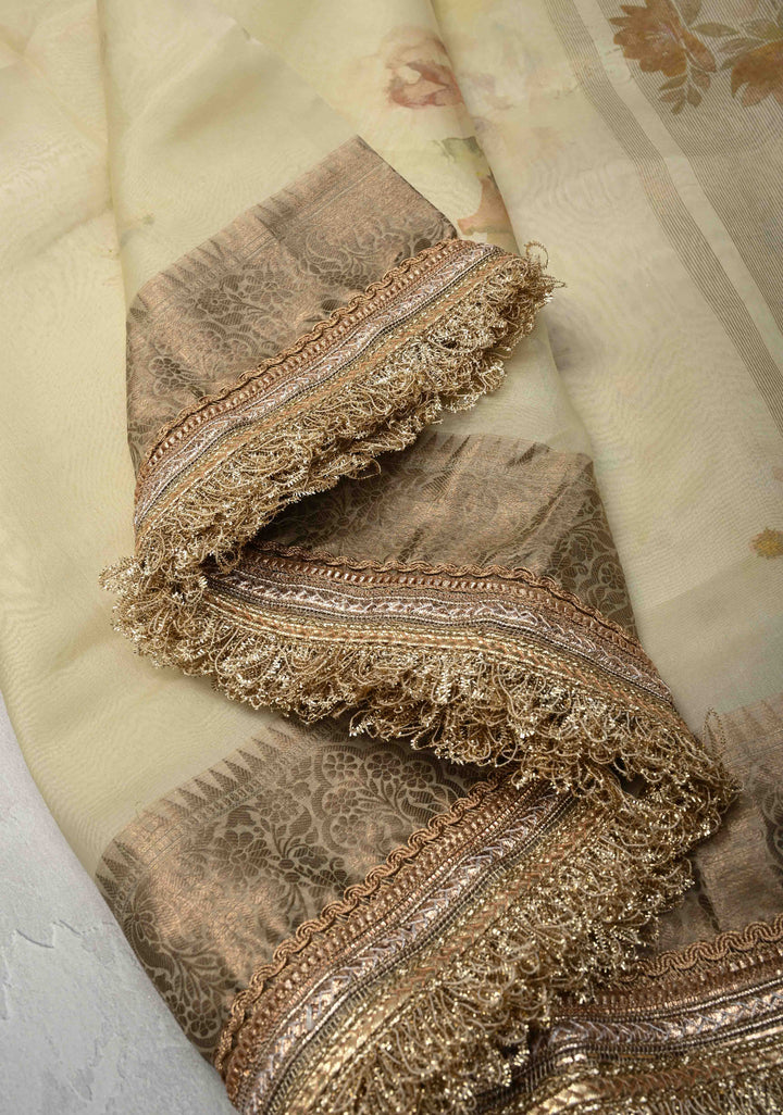 Cream Pure Organza Silk Saree with Floral Digital Print and Lace Trim Border | SILK MARK CERTIFIED
