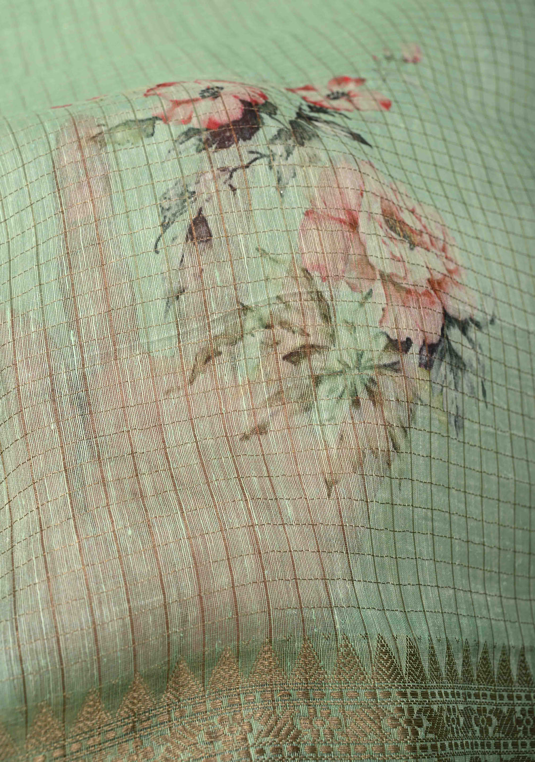 Pure Organza Silk Saree in Sage Green Floral Digital Print with Zari Checks and Lace Trim Border| SILK MARK CERTIFIED