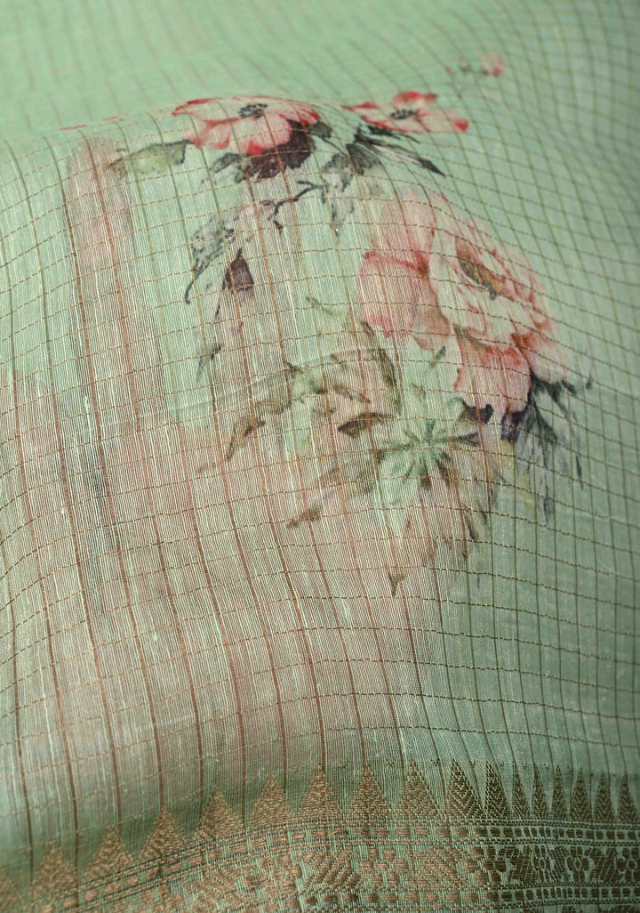Pure Organza Silk Saree in Sage Green Floral Digital Print with Zari Checks and Lace Trim Border| SILK MARK CERTIFIED