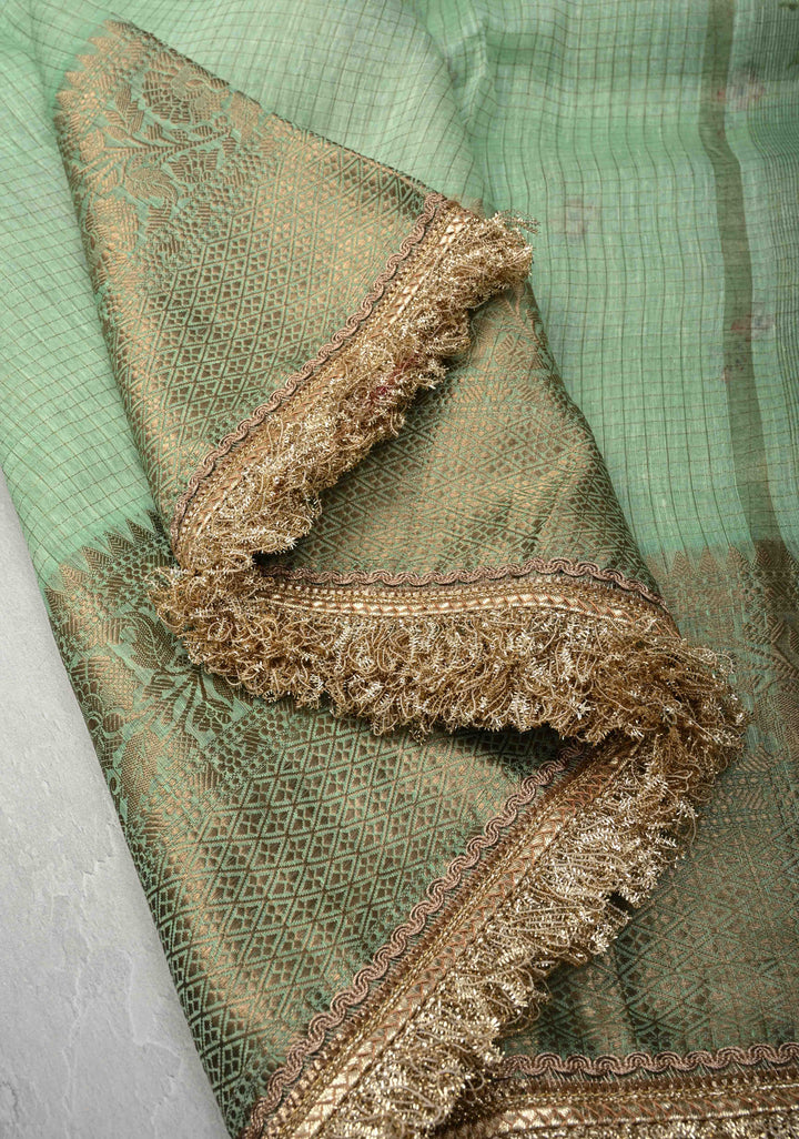 Pure Organza Silk Saree in Sage Green Floral Digital Print with Zari Checks and Lace Trim Border| SILK MARK CERTIFIED