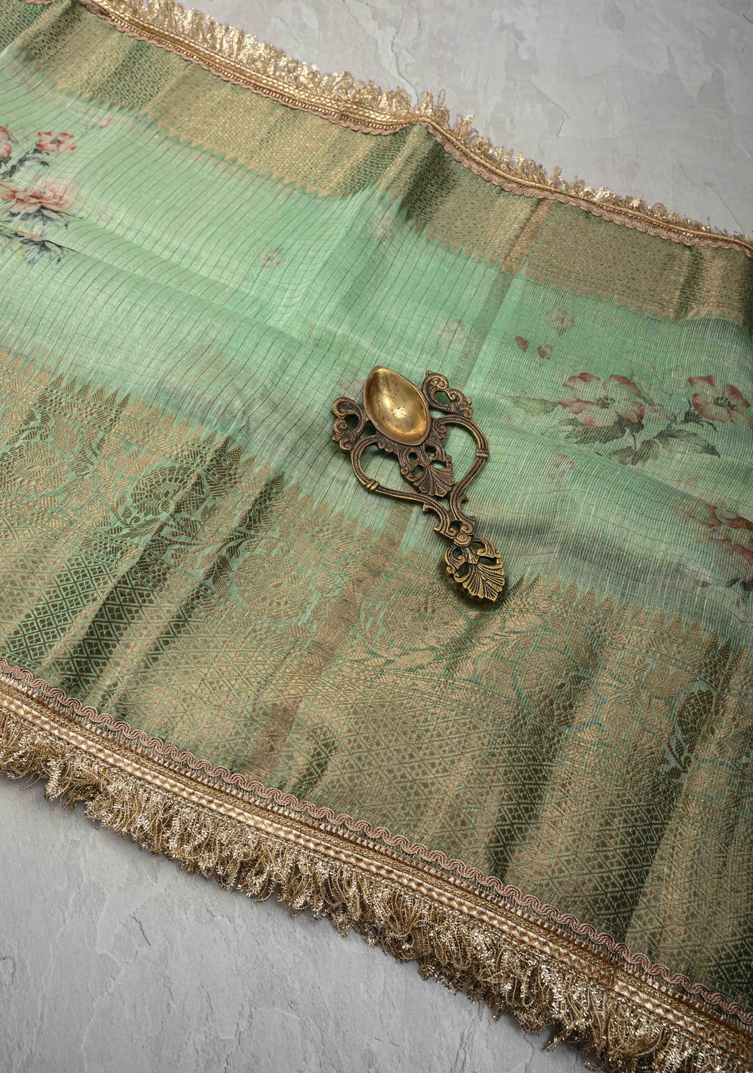 Pure Organza Silk Saree in Sage Green Floral Digital Print with Zari Checks and Lace Trim Border| SILK MARK CERTIFIED