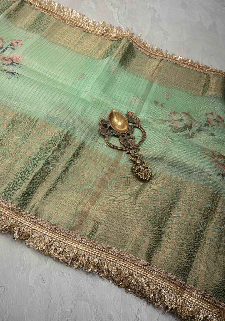 Pure Organza Silk Saree in Sage Green Floral Digital Print with Zari Checks and Lace Trim Border| SILK MARK CERTIFIED
