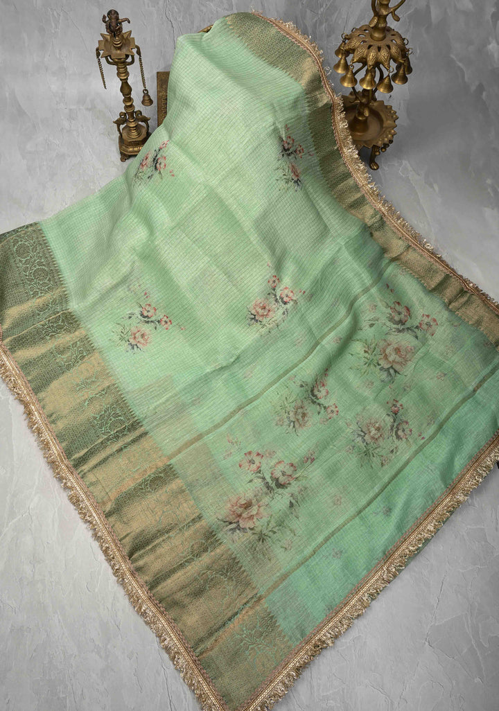 Pure Organza Silk Saree in Sage Green Floral Digital Print with Zari Checks and Lace Trim Border| SILK MARK CERTIFIED