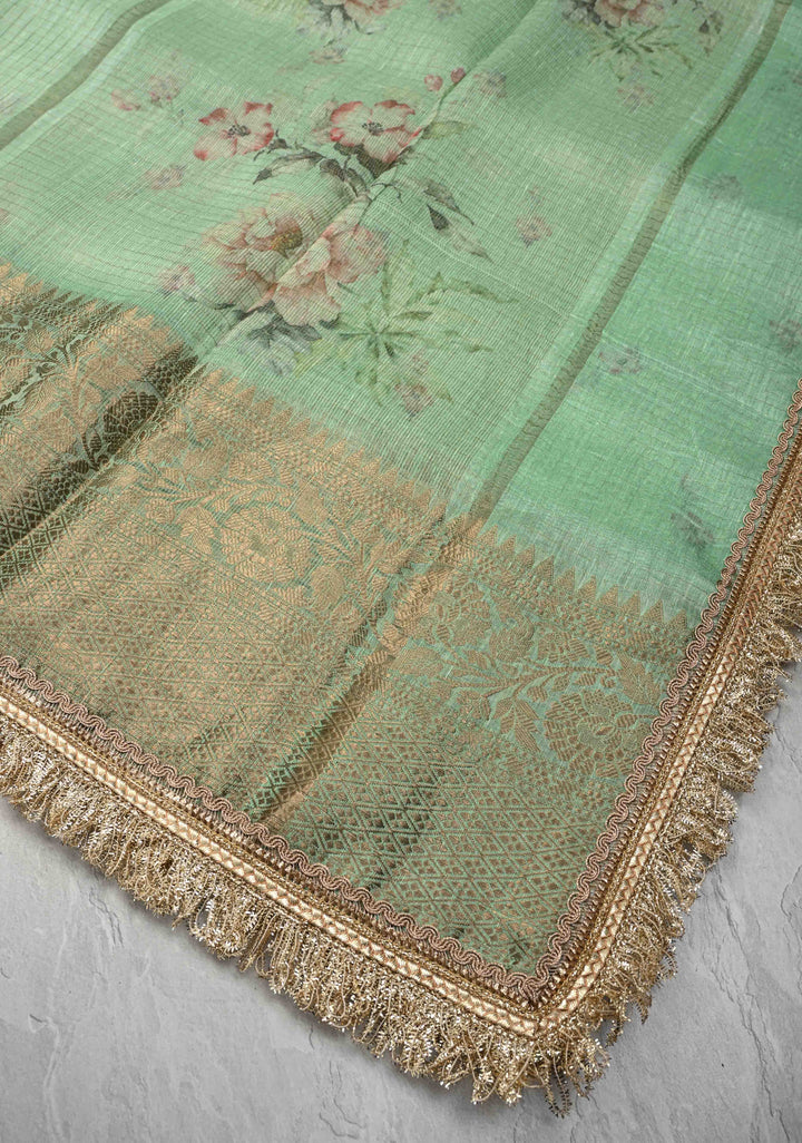 Pure Organza Silk Saree in Sage Green Floral Digital Print with Zari Checks and Lace Trim Border| SILK MARK CERTIFIED