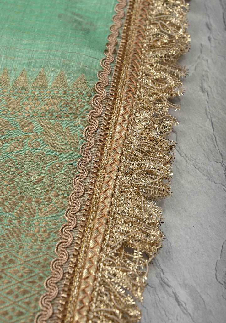 Pure Organza Silk Saree in Sage Green Floral Digital Print with Zari Checks and Lace Trim Border| SILK MARK CERTIFIED