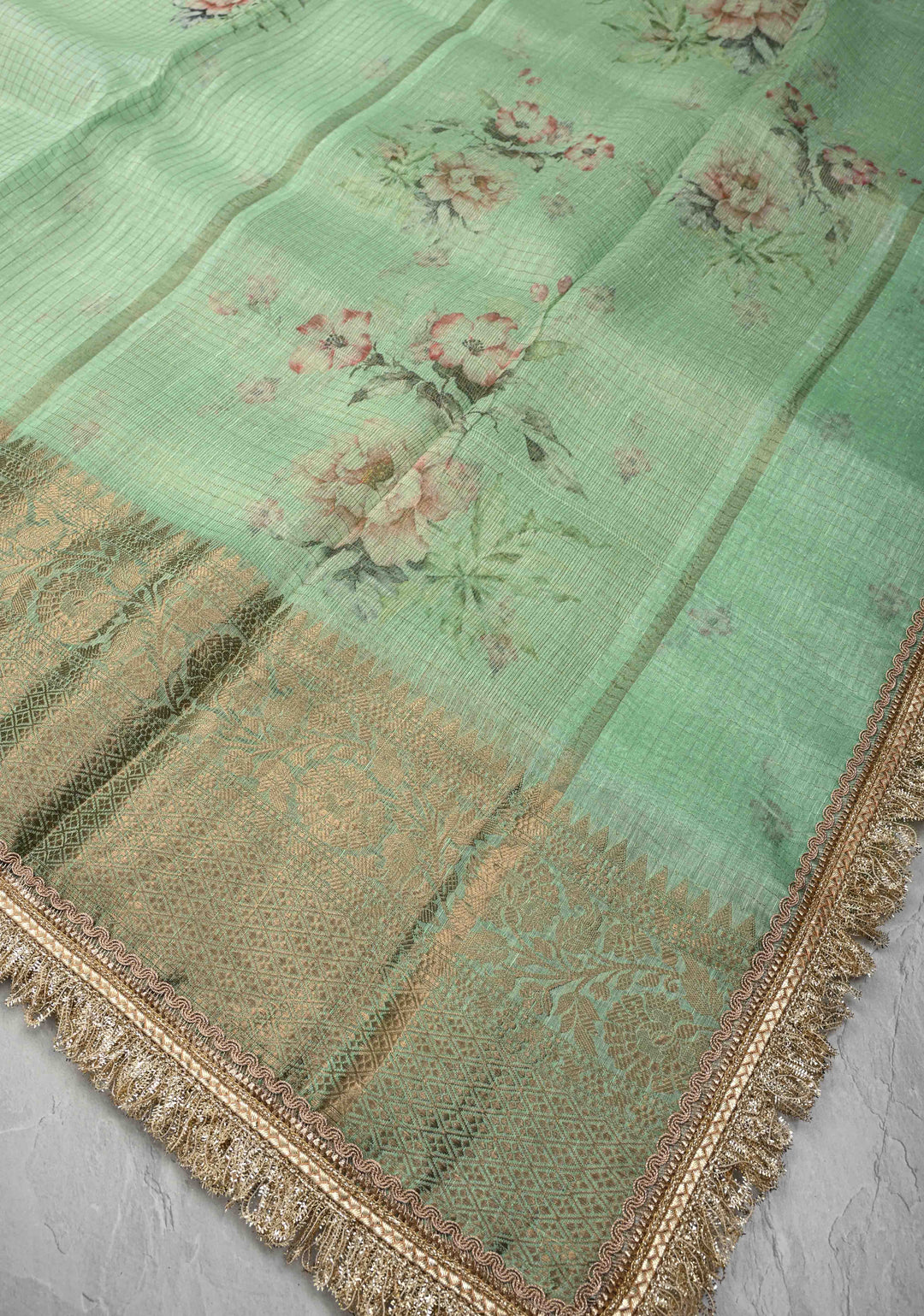 Pure Organza Silk Saree in Sage Green Floral Digital Print with Zari Checks and Lace Trim Border| SILK MARK CERTIFIED