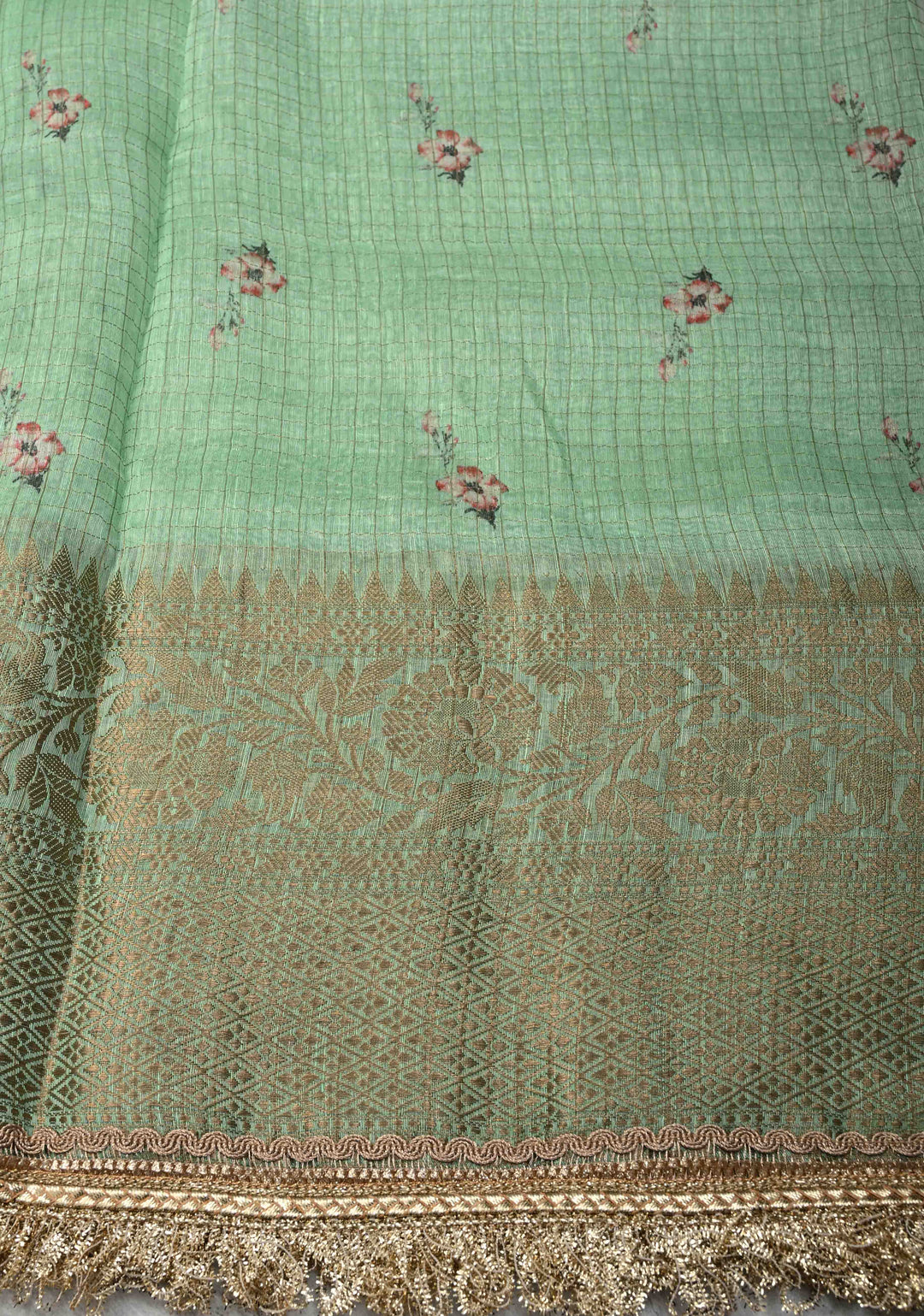 Pure Organza Silk Saree in Sage Green Floral Digital Print with Zari Checks and Lace Trim Border| SILK MARK CERTIFIED