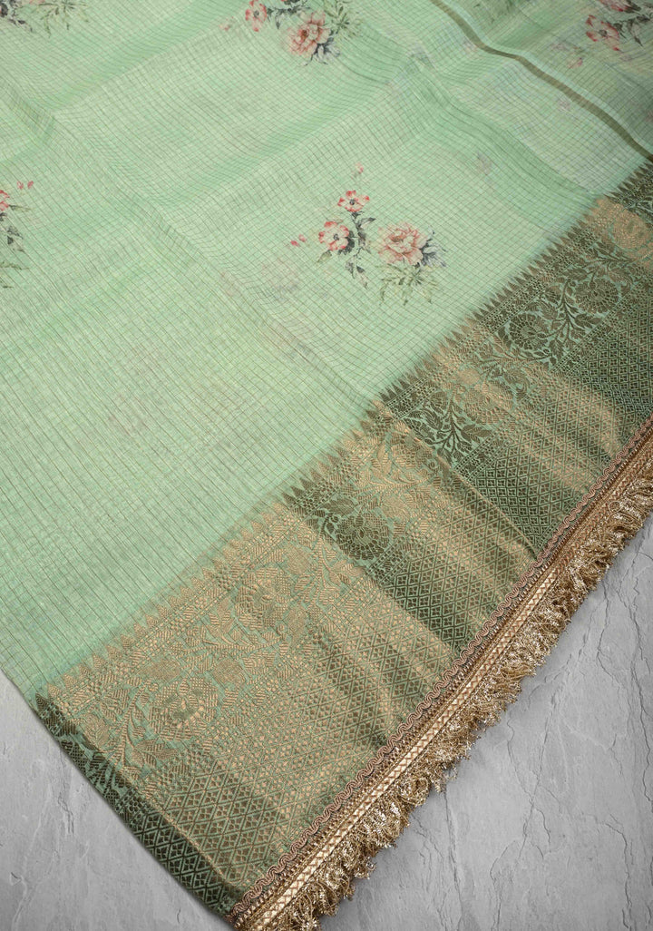 Pure Organza Silk Saree in Sage Green Floral Digital Print with Zari Checks and Lace Trim Border| SILK MARK CERTIFIED