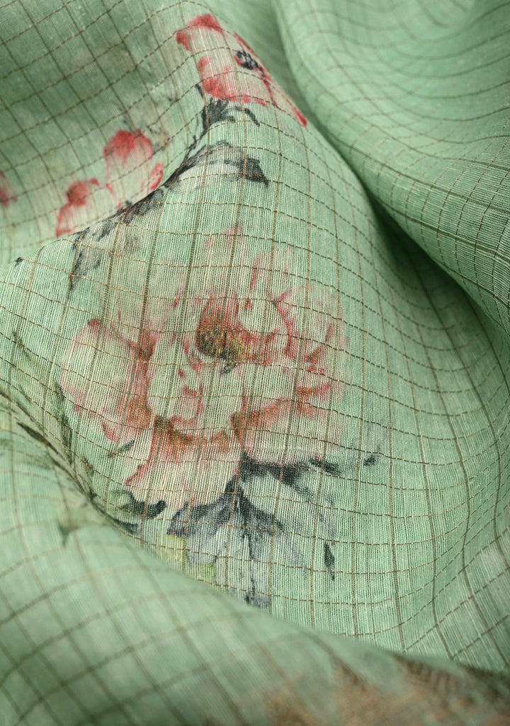 Pure Organza Silk Saree in Sage Green Floral Digital Print with Zari Checks and Lace Trim Border| SILK MARK CERTIFIED