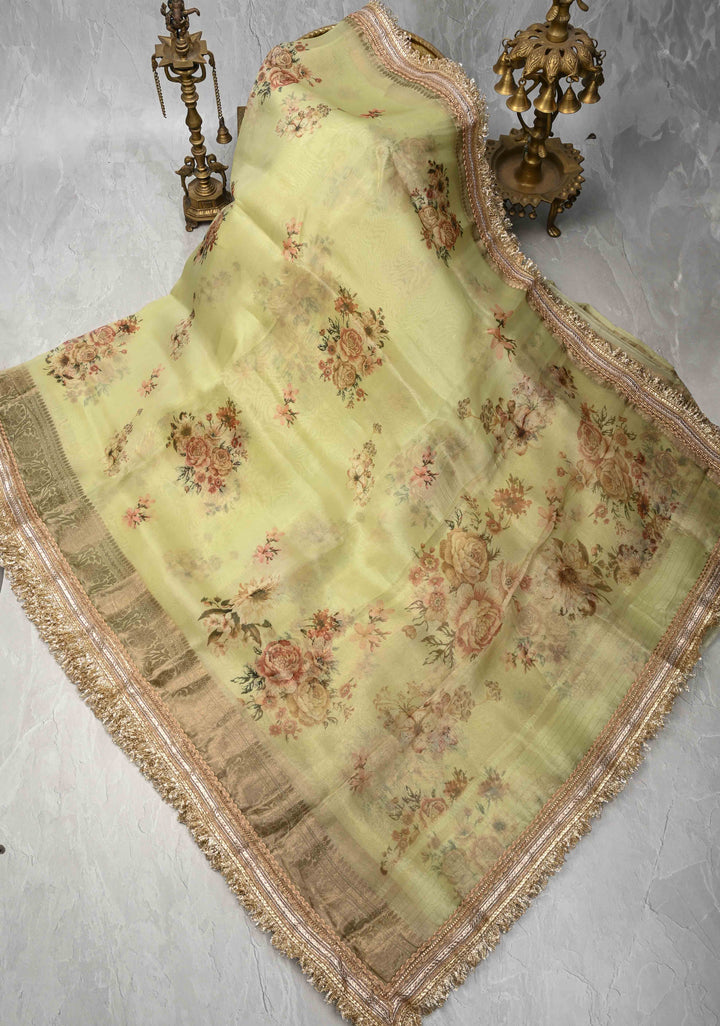 Pista Green Pure Organza Silk Saree with Floral Digital Print and Lace Trim Border | SILK MARK CERTIFIED