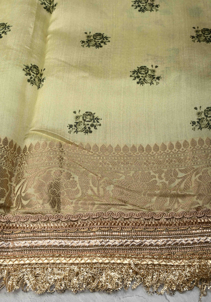 Pista Green Pure Organza Silk Saree with Floral Digital Print and Lace Trim Border | SILK MARK CERTIFIED