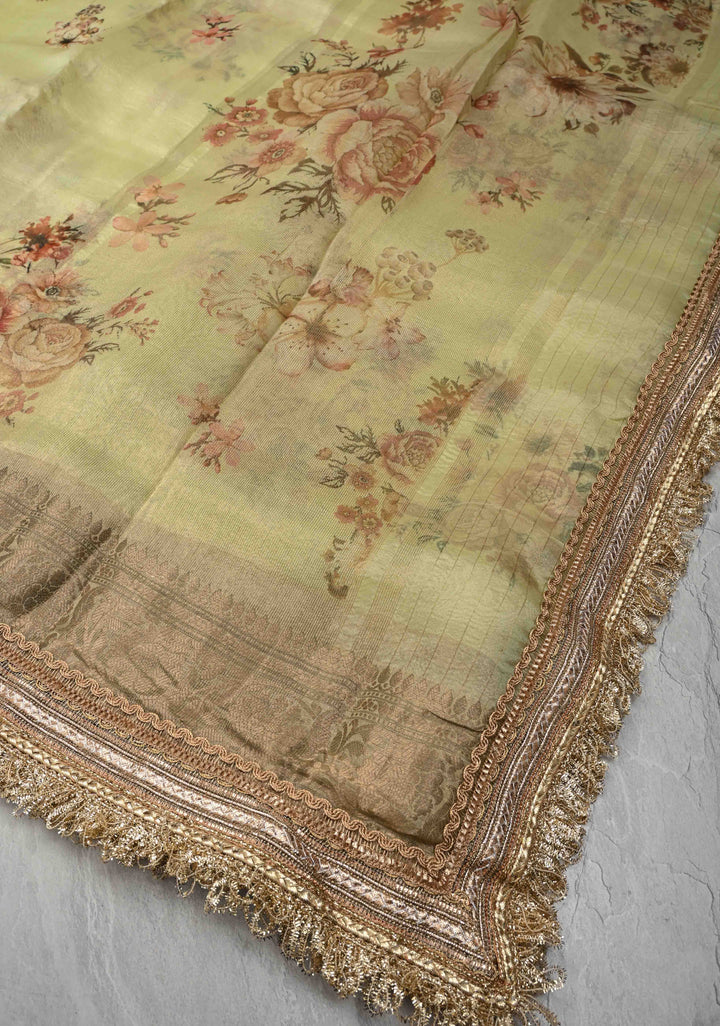 Pista Green Pure Organza Silk Saree with Floral Digital Print and Lace Trim Border | SILK MARK CERTIFIED