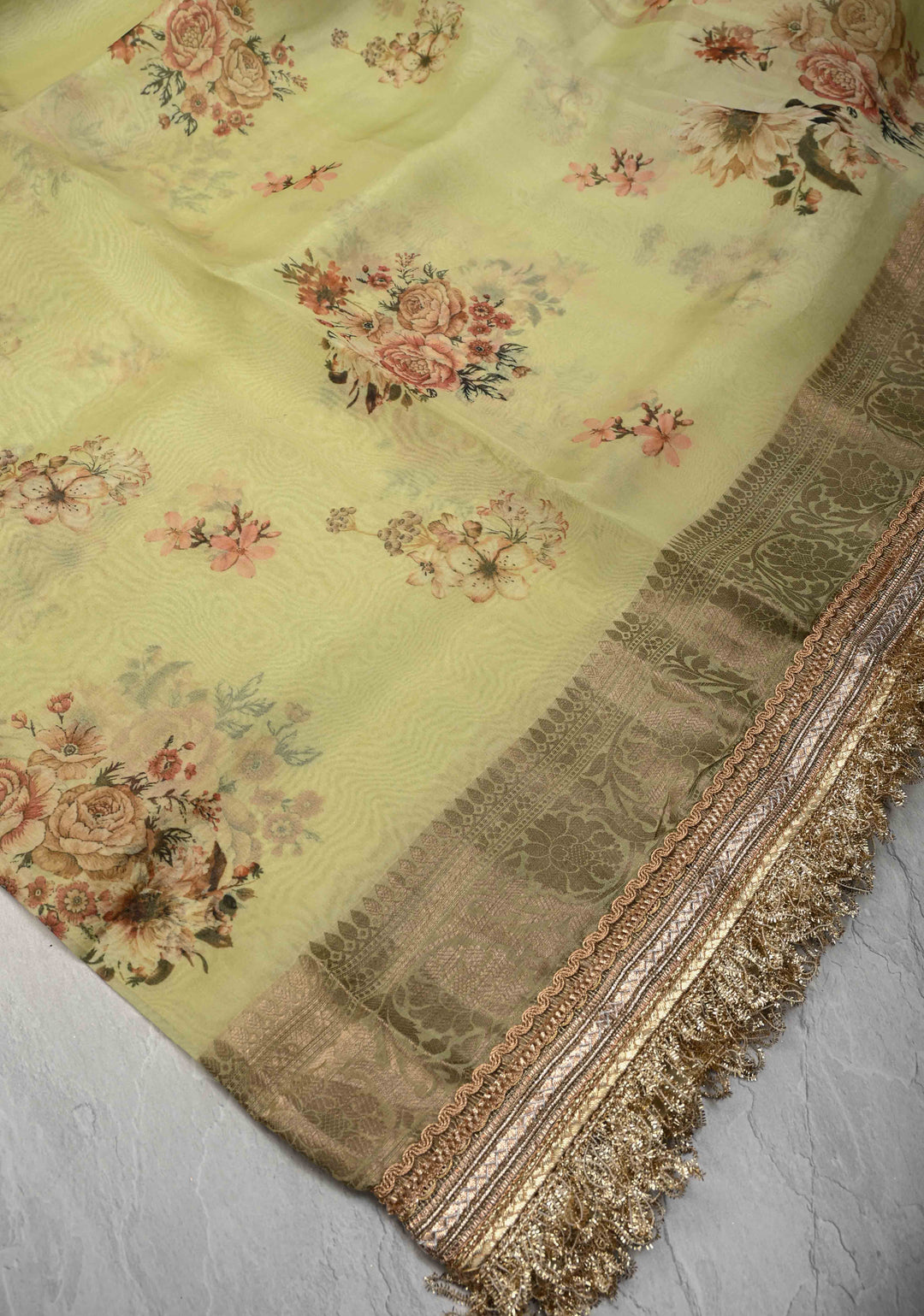 Pista Green Pure Organza Silk Saree with Floral Digital Print and Lace Trim Border | SILK MARK CERTIFIED