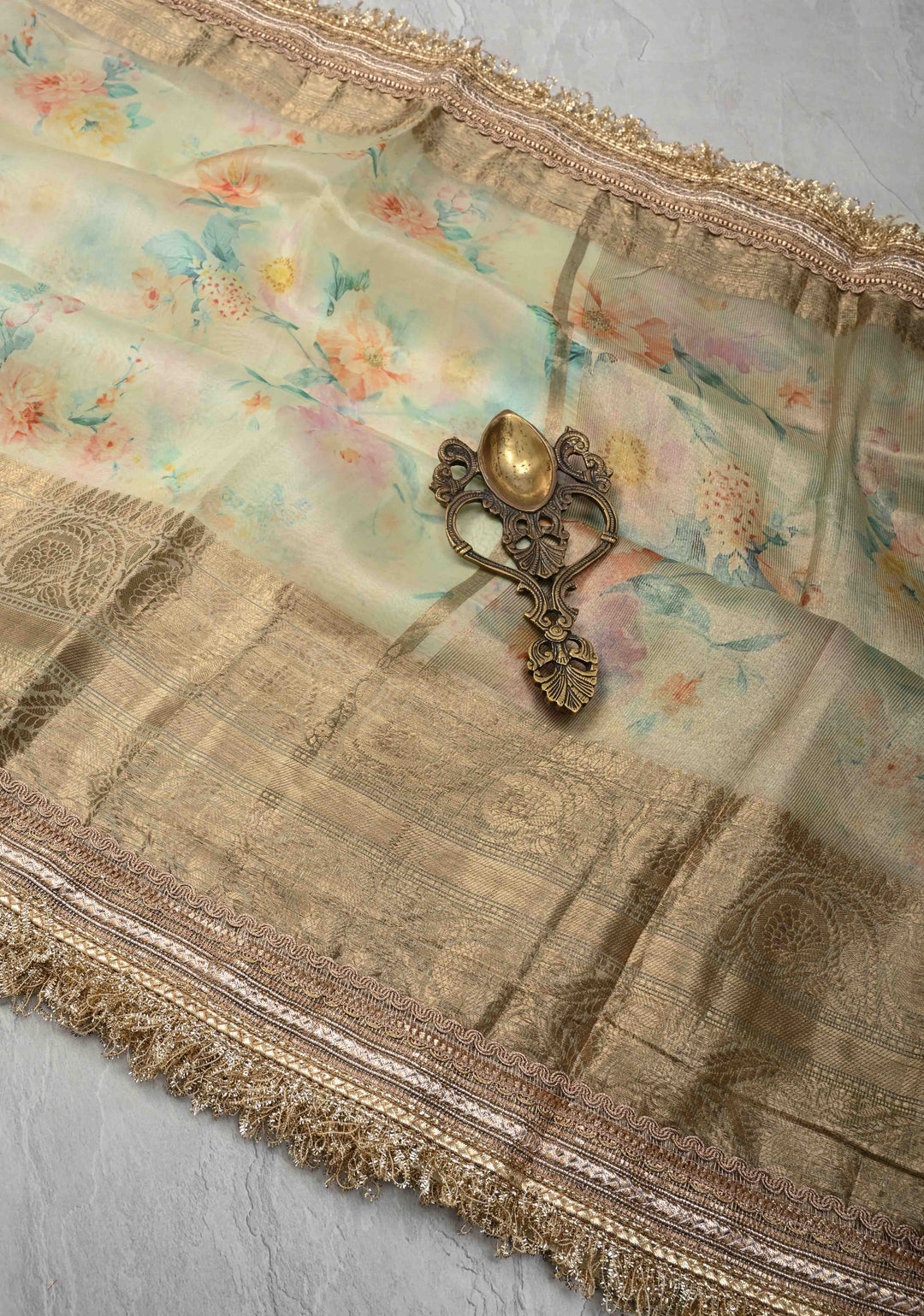 Mist Green Pure Organza Silk Saree with Floral Digital Print and Lace Trim Border| SILK MARK CERTIFIED