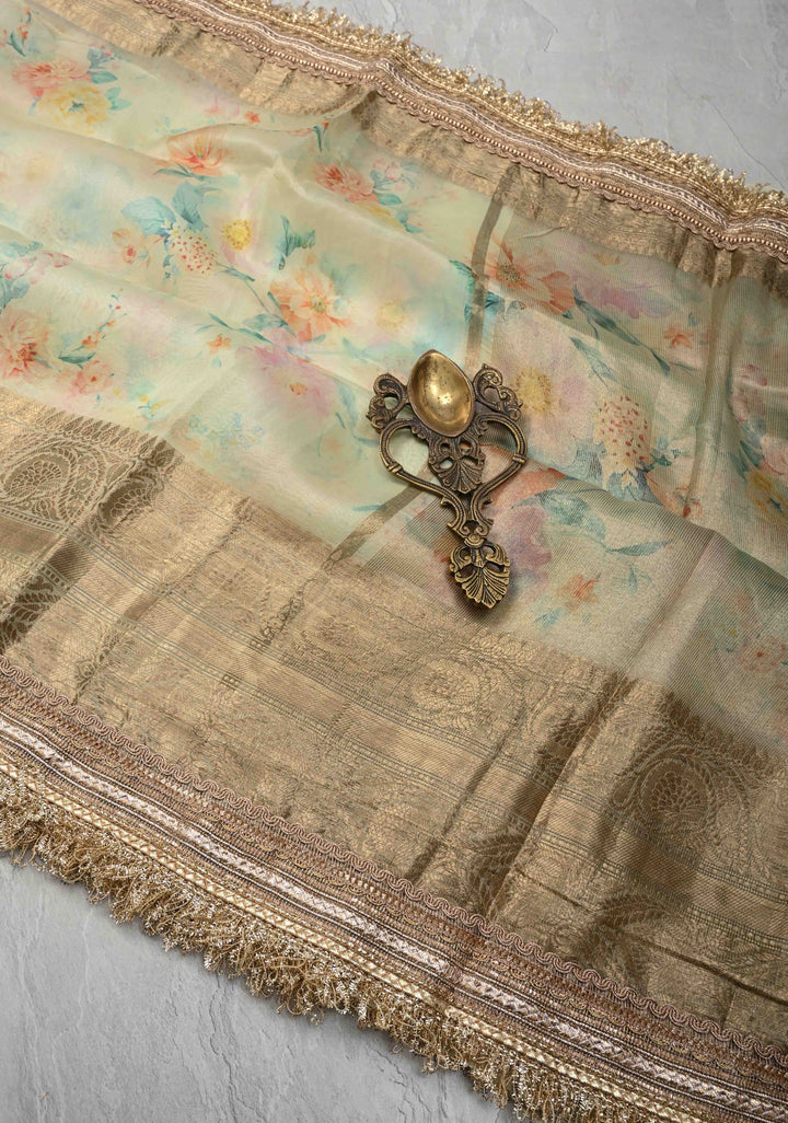 Mist Green Pure Organza Silk Saree with Floral Digital Print and Lace Trim Border| SILK MARK CERTIFIED